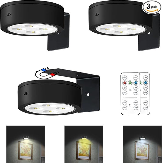 3Pcs Battery Operated Picture Light, Magnetic Painting Light with Remote, Dimmable Timer Art Display Light with 3 Light Modes for Dartboard Frame Picture Portrait,Wireless Wall Decor Puck Lights