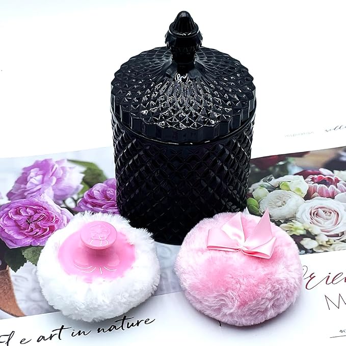 Luxury 4.2 Inch Glass Powder Container with 2 Plush Puffs｜Gothic Vanity Decor Non-Sealed Refillable Organizer for Body Powder&Makeup｜Setting Powder Applicator(Pointed Cylinder-Black-Large)