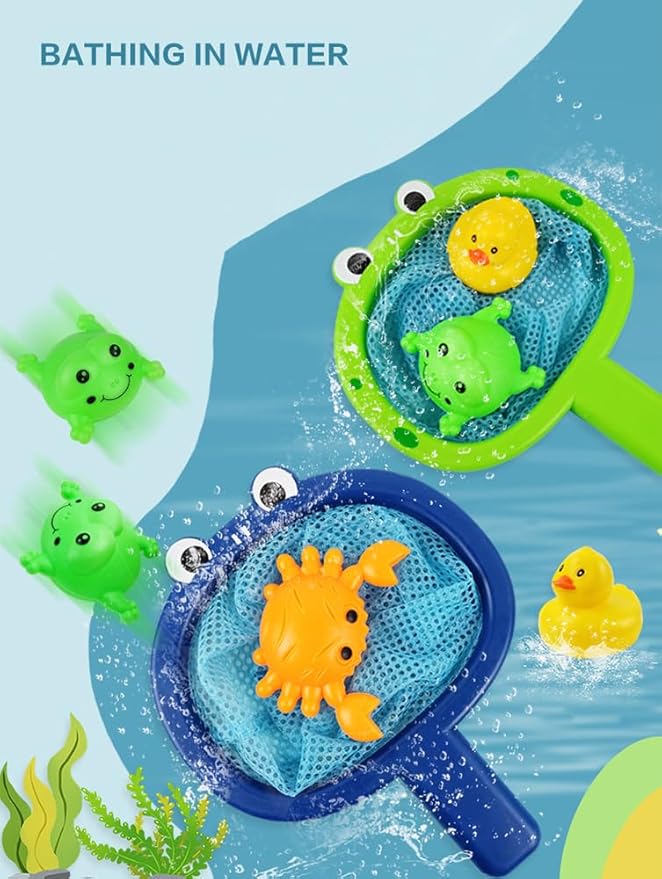 Baby Bath Toys 1 Pcs Frog Animals Fishing Net with 3 Pcs Water Floating Sea Animals Frog Toys, Bathroom Pool Water Floating Accessory Duck Crab Frog Fishing Play Set for Toddlers