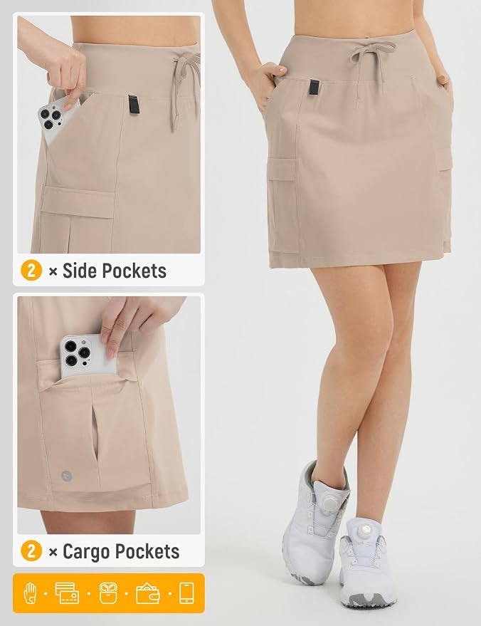baleaf Women's 16" Hiking Cargo Skort with Pockets Knee Length Skirts | 4 Cargo Pockets, High Waisted, Built-In Shorts, UPF 50+ Sun Protection, Quick Dry, Stretch, Hiking, Golf, Outdoor, Casual