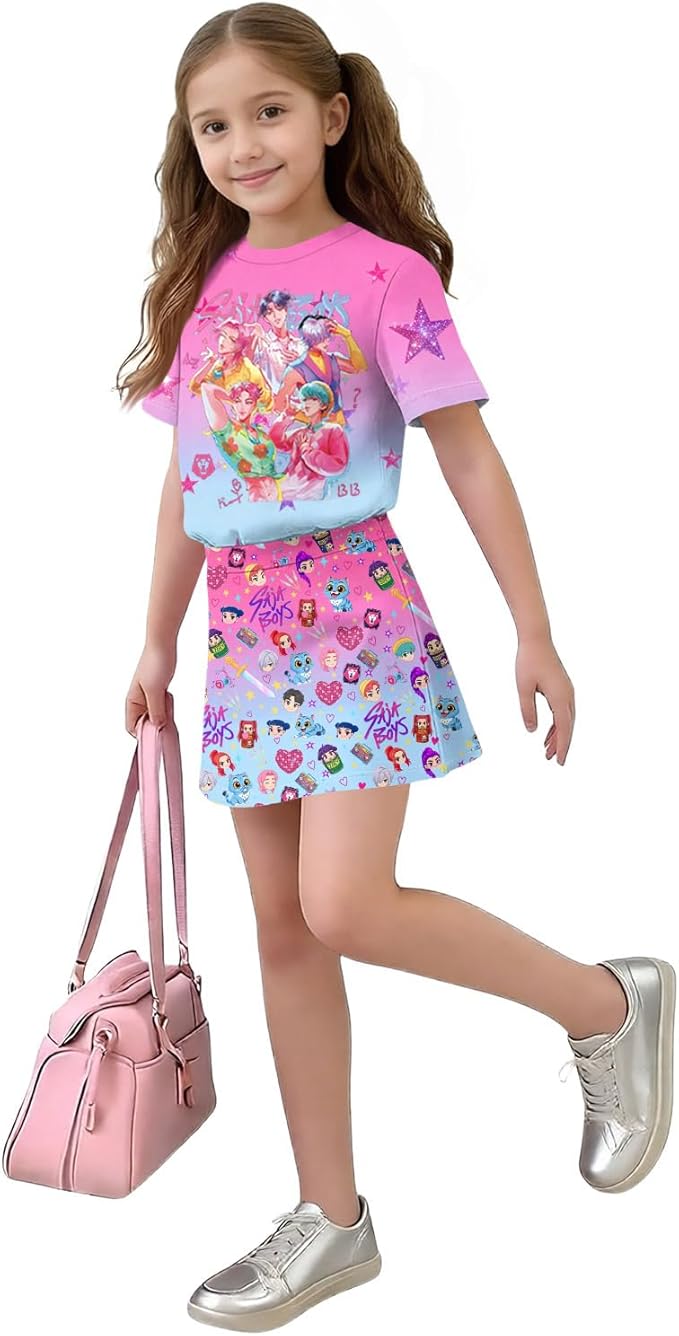 HTHLVMD K Pop Short Sleeve T-Shirt and Skirts Outfits Set for Girls Hunters Rumi Mira Zoey Graphic Tees De-Mon Costume