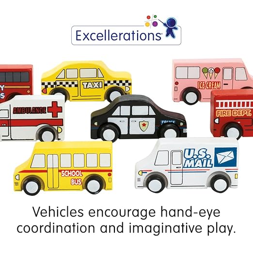Excellerations 4 x 1 x 2-1/4 inches, Wooden Block Play Community Trucks, Set of 8, Preschool Educational Toys, Supports Early STEM Skills, Ages 3 Years and Up