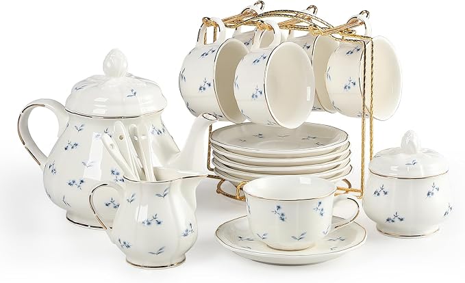 Sweejar 23 Pcs Floral Tea Sets with Metal Holder, Relief Gold Rim Porcelain Tea Sets for Adults, Cup and Saucer Set for 6, with Teapot, Sugar Bowl, Milk Jug, Spoons (Blue Flower)