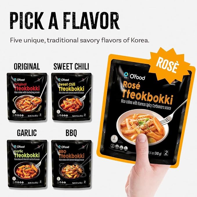Tteokbokki Korean Rice Cakes – [Rose/Spicy Carbonara | Pack of 2] – Gluten Free | Ready in 3 Minutes | 0 Cholesterol/ 0 Trans Fat | 2 Servings Spicy Street Snack | Healthy/Savory - O’food