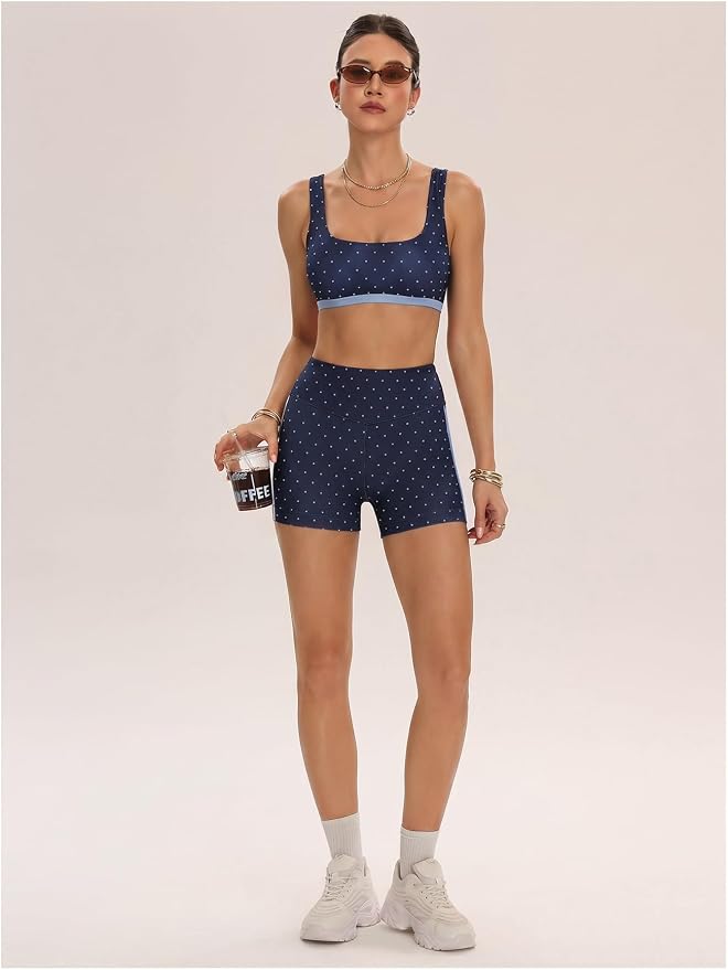 Milumia Women's Polka Dots Workout Set 2 Piece Color Block Bra Tank High Waisted Biker Shorts Layered Matching Yoga Outfit