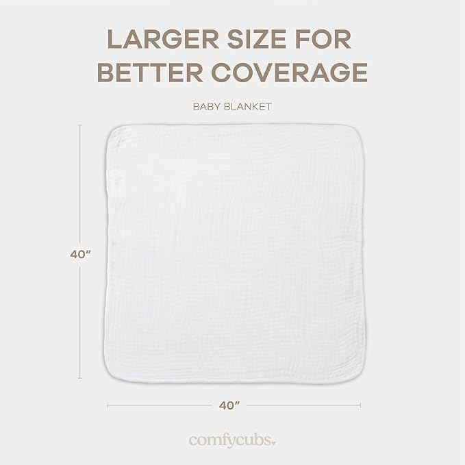 Comfy Cubs Muslin Baby Blanket 40" x 40" L - Swaddle Blankets, White | Soft, Lightweight, 6-Layer Cotton Breathable Baby Blankets - Comfortable, Gentle & Versatile Cotton Baby Blankets for Sleep