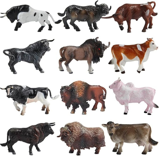 Mini Tudou 12 Pcs Farm Toy Set，Multicolor Cow Animal Figurines Cool Cake Topper & Exhibits for Ages 3 4 5 Boys&Girls
