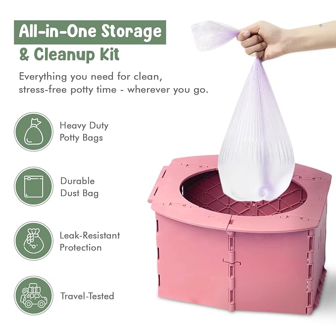 Teo - Portable Toddler Travel Potty – Foldable, Lightweight, Leak-Proof Toilet for Kids with Travel Bag & Disposable Liners – Compact Potty Chair for Home & On-the-Go Use (Berry Pink)