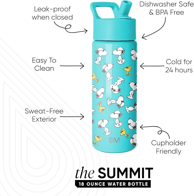 Simple Modern Kids Summit Water Bottle with Straw Lid | Peanuts 18oz Stainless Steel Cup Insulated Tumbler for Toddlers, Boys, Girls, School | Snoopy & Woodstock