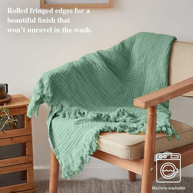 Simple&Opulence Cotton Muslin Throw Blanket for Bed, Couch, Knit Woven Gauze Blanket with Tassels, Soft Lightweight Cozy Pre-Washed Breathable Farmhouse Decoration for All-Season (Mint Green)