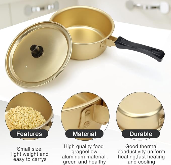 AHIER Korean Ramen Cooking Pot, Korean Ramen Noodle Pot with Lid, Spoon | Chopsticks (1pair), Single Handle, Fast Heating Stovetop for Kitchen Cookware Dorm and Camping
