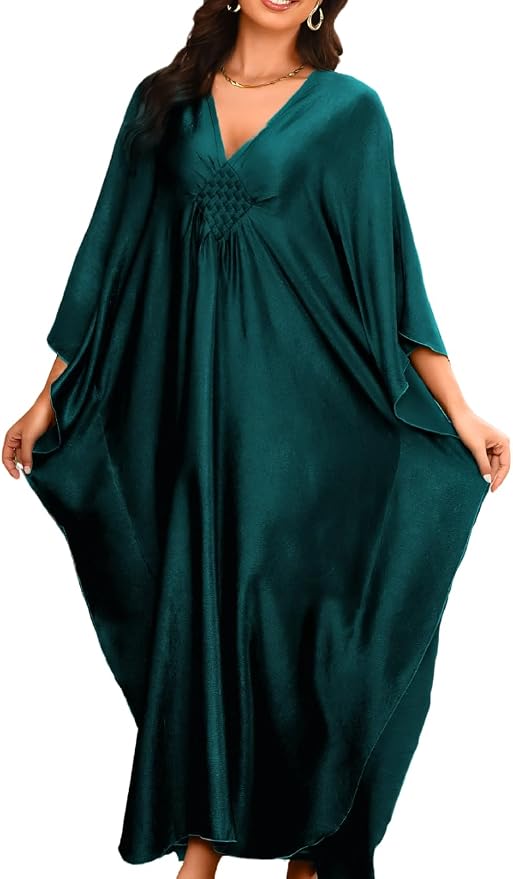 ChiaoLezhee Print Moo-Moos for Women, Kaftan Cover-Up Dresses, Sexy V-Neck High-Slit, Beach Pool-Party Coverups Muumuu Plus