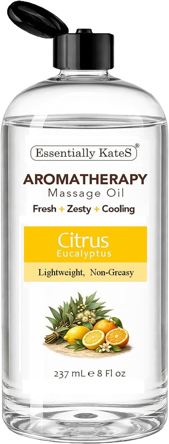 Aromatherapy Massage Oil – Citrus & Eucalyptus with Fractionated Coconut Oil, Lightweight Non-Greasy, Very Long-Lasting Glide and Excellent Slip, 100% Natural, 8 FL Oz