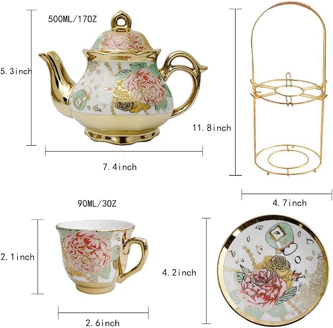 CHANJOON Gold Plated Red Rose Ceramic Tea Set, Vintage Tea Sets with Teapot, Beautiful Tea Set Coffee Serving 6 People (Golden, Medium)