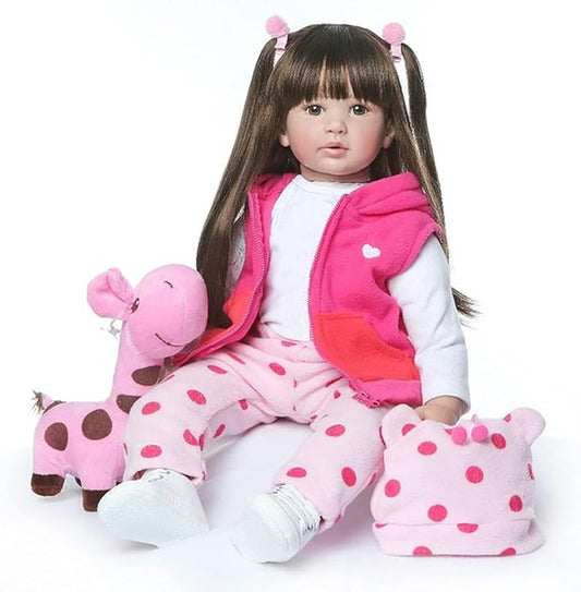 Pinky 24 inch 61cm Lovely Reborn Baby Girl Doll Reborn Toddler Realistic Looking Lifelike Baby Doll Vinyl Soft Silicone Babies Black Hair Doll Toy