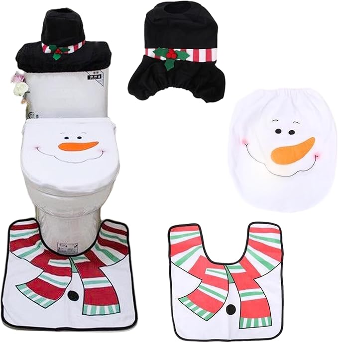 NIDONE Toilet Seat Cover, Christmas Bathroom Sets Includes Xmas Theme Snowman Toilet Seat Cover, Rugs, Tank for Xmas Indoor Decor Party Favors
