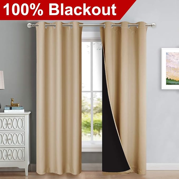 NICETOWN Living Room Completely Shaded Draperies, Privacy Protection & Noise Reducing Black Lined Insulated Window Treatment Curtain Panels for Patio Door (Set of 2 PCs, W42 x L84, Biscotti Beige)
