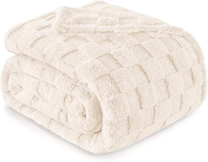Exclusivo Mezcla 3D Checkered Fleece Queen Blanket for Bed, Ivory | Super Soft and Cozy Fluffy Blanket, Lightweight, Breathable, Decorative Blanket for Living Room, Bedroom, All Season, 90"x90"