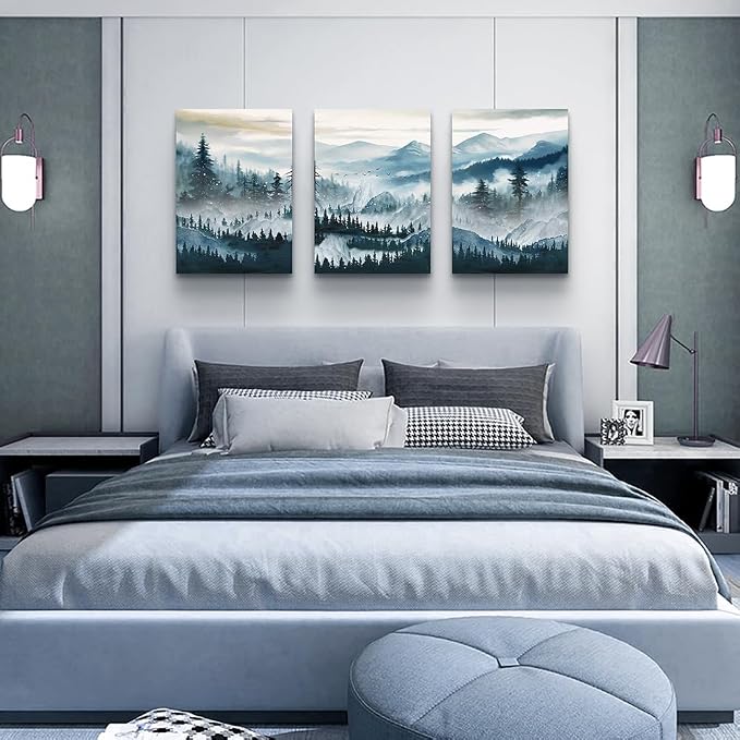 MHARTK66 Mountain Landscape Wall Art for Living Room, Large Foggy Forest Watercolor Artwork for Walls, 3 Piece Nature Mountain Forest Paintings Prints for Hallway Office Kitchen Wall Decor, 16x24 Inch