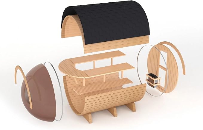Outdoor Barrel Sauna, 4-5 Person Panoramic Saunas Room, Wood Burning Stove with Sauna Stone, Saunas Accessories and Asphalt Shingle Roof (Red Cedar（Wood Burning）, 70.86"x74.86"x74.86"
