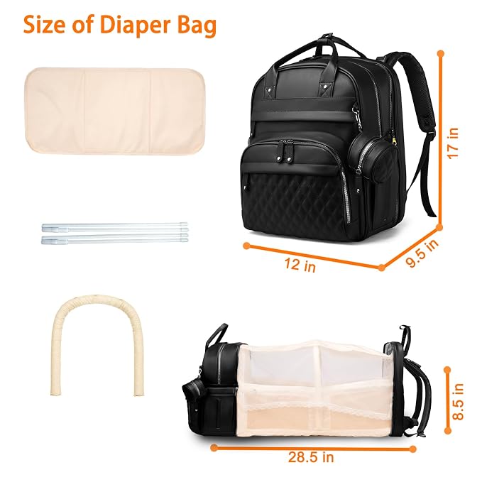 Astro alan Baby Diaper Bag Backpack with Changing Station, Waterproof Large Capacity Diaper Bag for Moms and Dads, Plant-Based Leather with USB Charging Port, Baby Gift for New Parents, Black