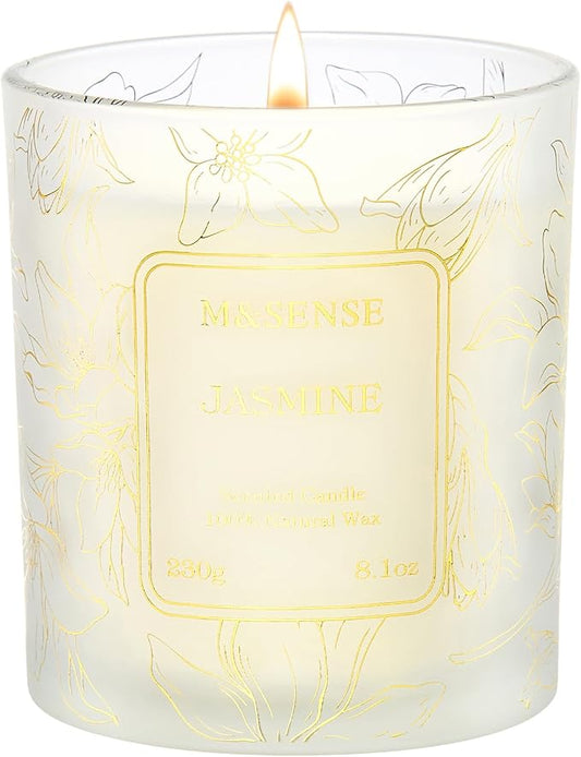 M&SENSE Jasmine Soy Candle, 8.1oz Gilded Glass Floral Gift | 42H Long Burn, Non-Toxic Soy, Gilded Glass, Romantic Floral Scent, Warmer Compatible, Reusable Vase