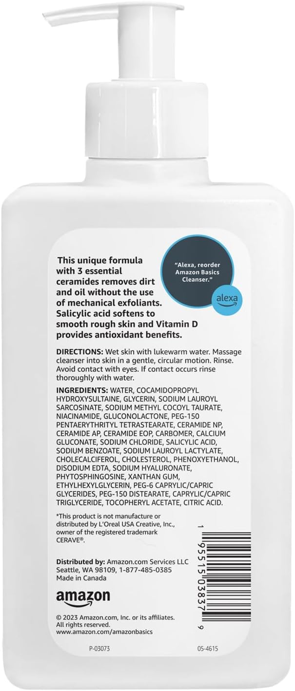 Amazon Basics Exfoliating Face Wash Cleanser, Renewing Salicylic Acid with Ceramides & Vitamin D, Foaming Formula, Smooths Skin, 8 fl oz