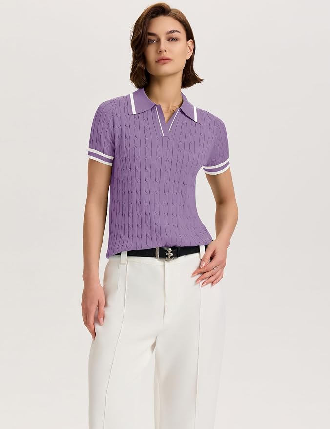 Micoson Womens Short Sleeve Sweater Tops Lapel V Neck Polo Shirts 2026 | Summer Cable Knit Loose Blouses, Business Casual Outfits