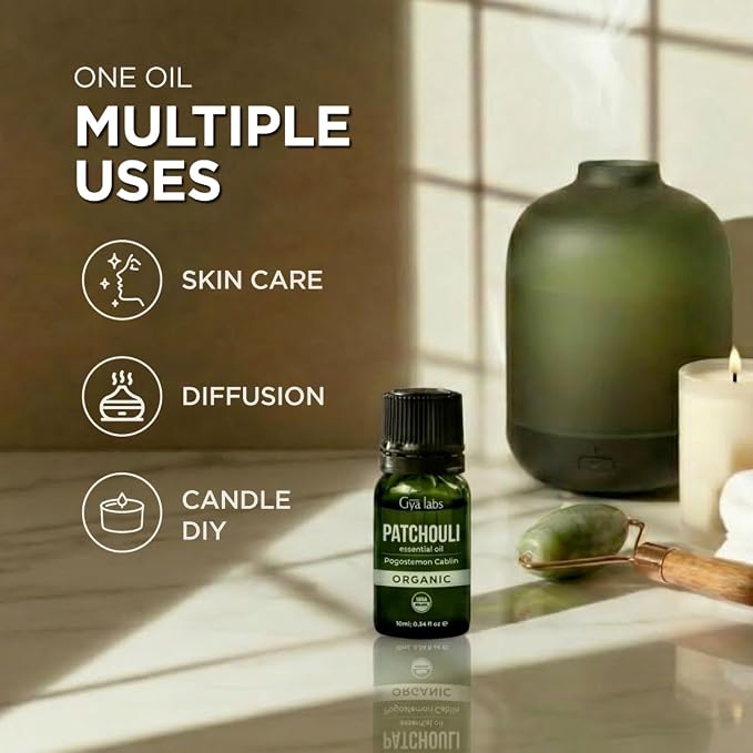Gya Labs USDA Certified Organic Patchouli Essential Oil for Skin, Hair, Diffuser, Aromatherapy, DIY Candle Making Scents - 0.34 Fl Oz
