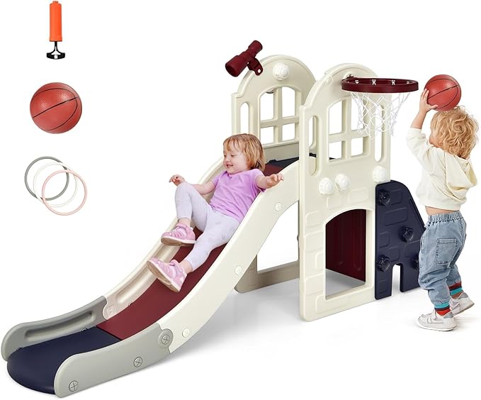 Generic FUTADA 6 in 1 Toddler Slide, Indoor & Outdoor Playground Set with Basketball Hoop, Ring Toss, Telescope, Crawl Through Space, Kids Climber Slide Gift for Indoors Outdoor Boys Girls (Blue)