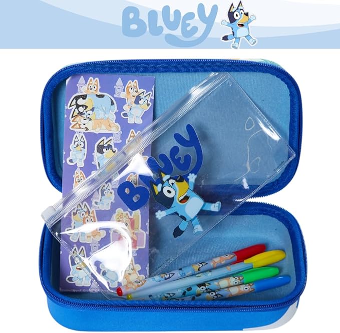 Innovative Designs Bluey Pencil Case Set with Stickers and Gel Pens for Kids, Molded with Zip Closure