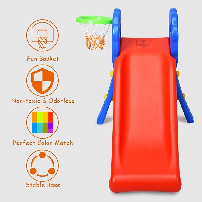 KOTEK Folding Toddler Slide for Indoor and Outdoor, Freestanding Plastic Baby Slide Climber Playset, Easy to Store, Anti-Slip Steps, Kids Playground Toy Ages 3-5 (Blue with Basketball Hoop)