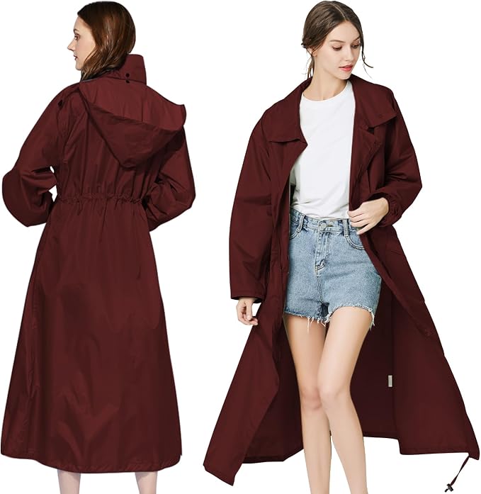 LAMA Womens Long Raincoats Rain Jacket Waterproof Packable Hooded Windbreaker Lightweight Adjustable Waist for Outdoor