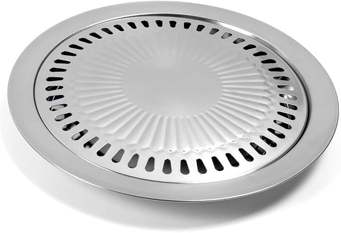 Korean Style Stovetop, Stainless Steel Non-Stick Roasting Barbecue Grill Pan, Round Smokeless Barbecue Grill Pan for Indoor Outdoor Camping BBQ 30cm x 30cm