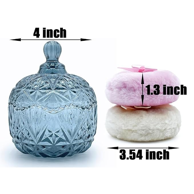 Luxury 4 Inch Glass Powder Container with 2 Soft 3.5" Puffs｜Non-Sealed Refillable Organizer for Makeup & Jewelry｜ Body Powder Jar(Crown-Grey Blue)