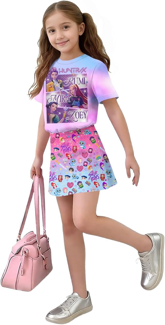 HTHLVMD K Pop Short Sleeve T-Shirt and Skirts Outfits Set for Girls Hunters Rumi Mira Zoey Graphic Tees De-Mon Costume