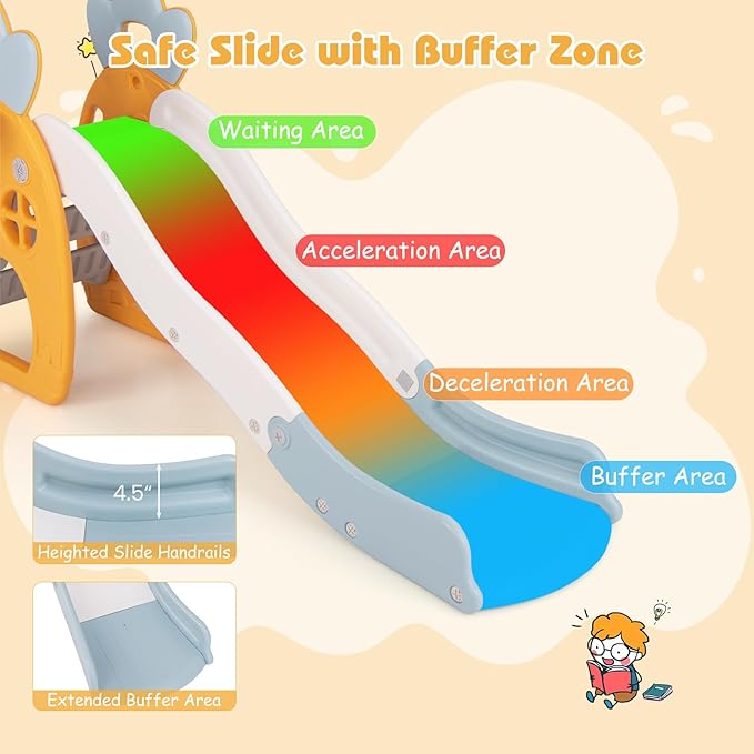BABY JOY Toddler Slide, 3 in 1 Freestanding Foldable Kids Slide with Climber, Basketball Hoop & Ball, Buffer Zone & Safety Handrails, Indoor Pineapple Theme Play Slide for Kids, Boys & Girls