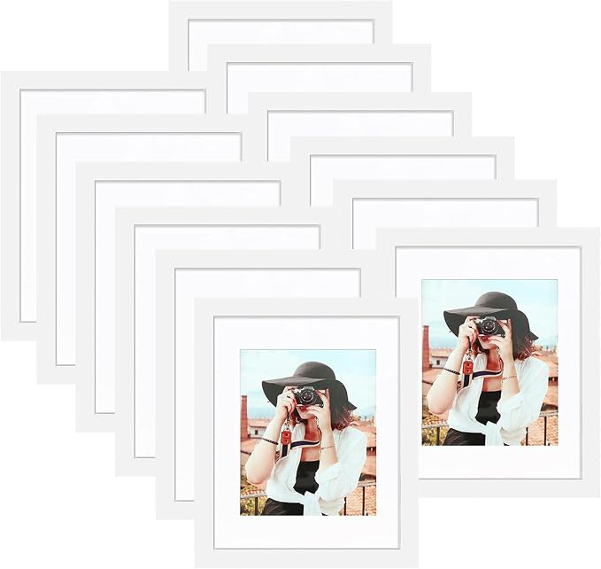 Picrit 8x10 Picture Frame Set of 12, Display 5x7 with Mat or 8x10 without Mat, Photo Frames for Wall Mounting or Table Top Display, White