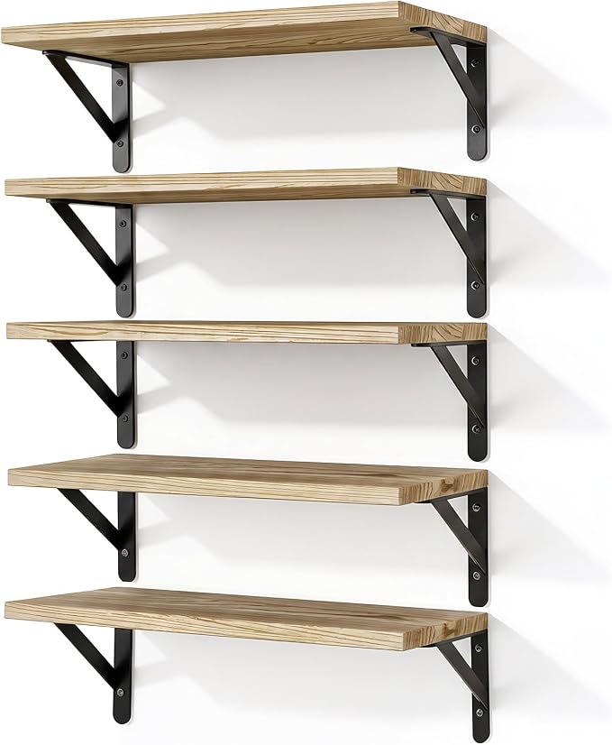 Fixwal Floating Shelves for Wall, Wood Wall Mounted Shelves for Bedroom, Bathroom, Living Room, Kitchen Storage and Decor(Rustic Brown, Set of 5, 16.5 Inch)