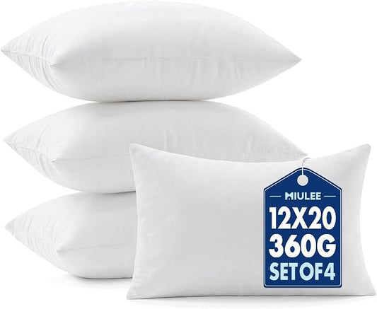 MIULEE 12x20 Pillow Inserts 4 Pack, 100% Virgin Fiber Filling Throw Pillows | Decorative Pillows for Sofa Bed Couch, Firm and Full Pillows, Excellent Support, Soft Brushed Fabric
