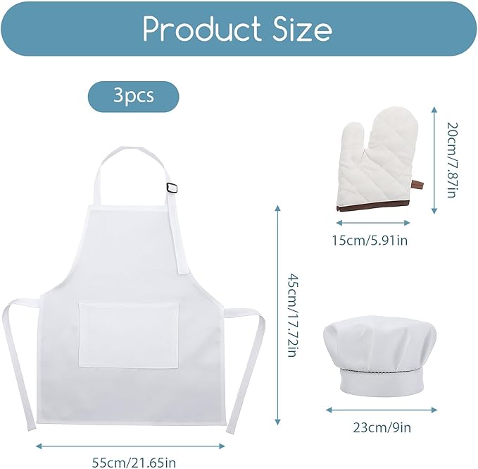 Kids Apron and Chef Hat Set, Adjustable DIY Children Apron Cooking Baking Set Dress Up and Pretend Play Dress Up Clothes for Cooking Classroom Baking Painting (White)