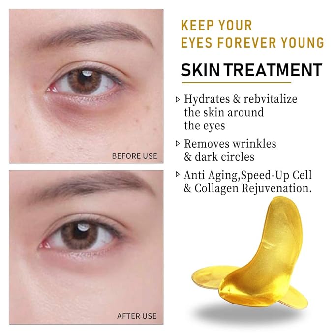 Vandarllin 24K Gold Powder Gel Collagen Eye Masks Sheet Patch, Remove Bags,Dark Circles &Puffiness,Reduce Wrinkle,Moisturising,Hydrating for Blackheads (10 Pairs)