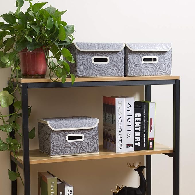 Collapsible Storage Boxes with Lids Fabric Decorative Storage Bins Cubes Organizer Containers Baskets with Cover Handles Divider for Bedroom Closet Living Room 9.8x7.9x6.7 Inch 3 Pack