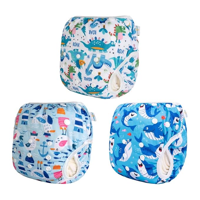Babygoal Baby Boy Swim Diapers 3 Pack for 8M-3T Babies and Toddlers, Reusable Adjustable Washable for Swimming Lessons-Dinosaur,Shark,Fish