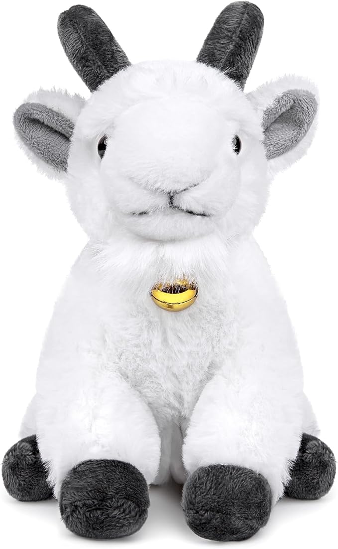Screaming Sitting White Goat with Bell Plush Animal Toy 10in, Realistic Screaming Goat Plush Toy, Cute and Funny White Goat Animal Plushies Model Gift Collection for Kids