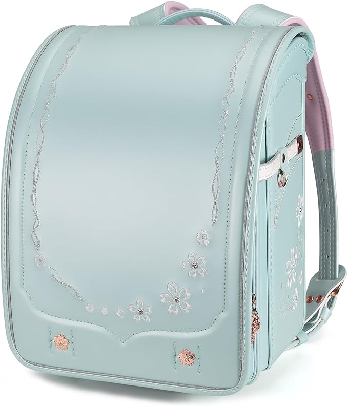 IwaiLoft Ransel Randoseru Backpack Automatic Satchel Japanese School Bag Cherry Blossom Sakura Embroidery PU Bookbag (Light Green)