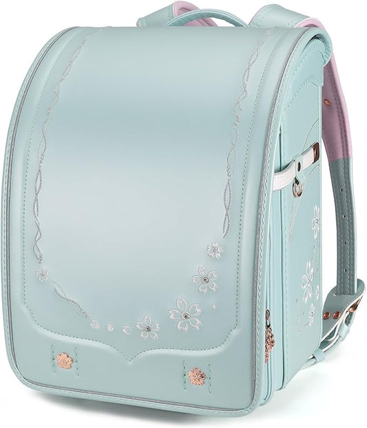 IwaiLoft Ransel Randoseru Backpack Automatic Satchel Japanese School Bag Cherry Blossom Sakura Embroidery PU Bookbag (Light Green)