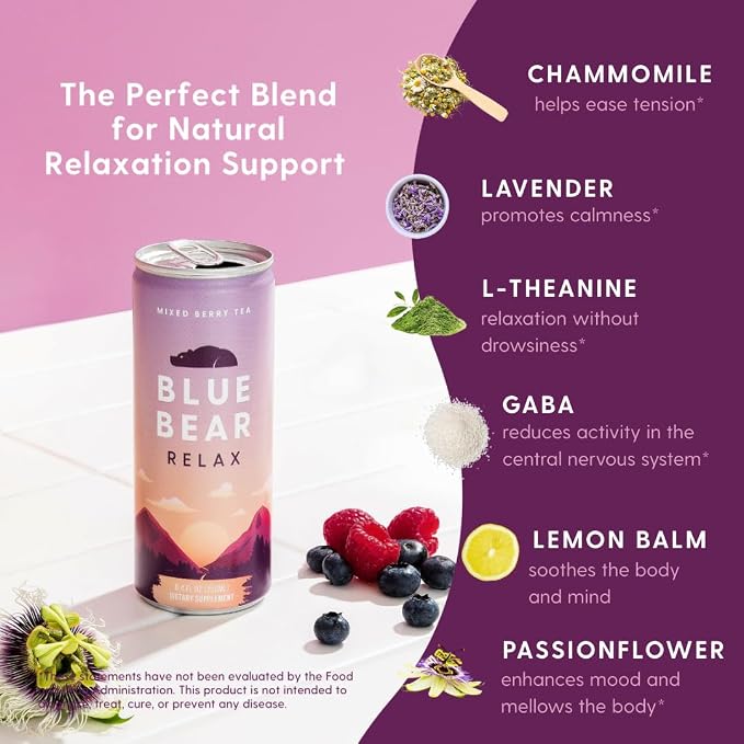 Blue Bear Relax Adaptogen Drink, Ready-to-Drink Mixed Berry Tea, Calming & Relaxation Beverage for Stress Relief, Nootropics & Botanicals, Caffeine-Free, Zero Sugar, 8.4 Fl Oz (4 Pack)