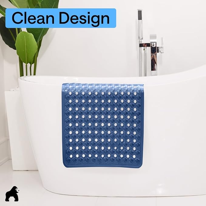 GORILLA GRIP Patented Square Shower Stall Mat, Small Bathtub Floor Mats for Stand Up Showers, Suction Cups and Drainage Holes, Machine Wash, Soft on Feet, Bathroom Accessories 21x21 Inch, Navy Blue