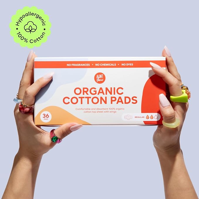 Aunt Flow Organic Cotton Pads with Wings - Regular Absorbency Menstrual Pads, Dioxin-Free, Hypoallergenic, 36 Count